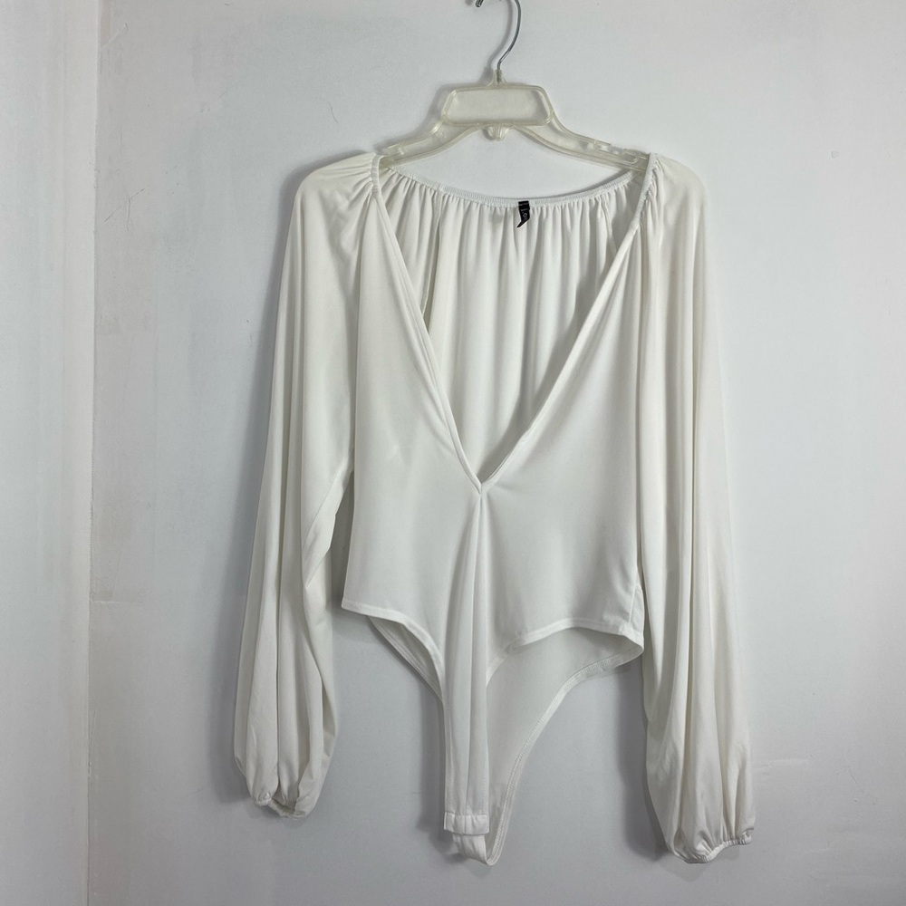 Cream Asymmetrical Puff Sleeve Bodysuit